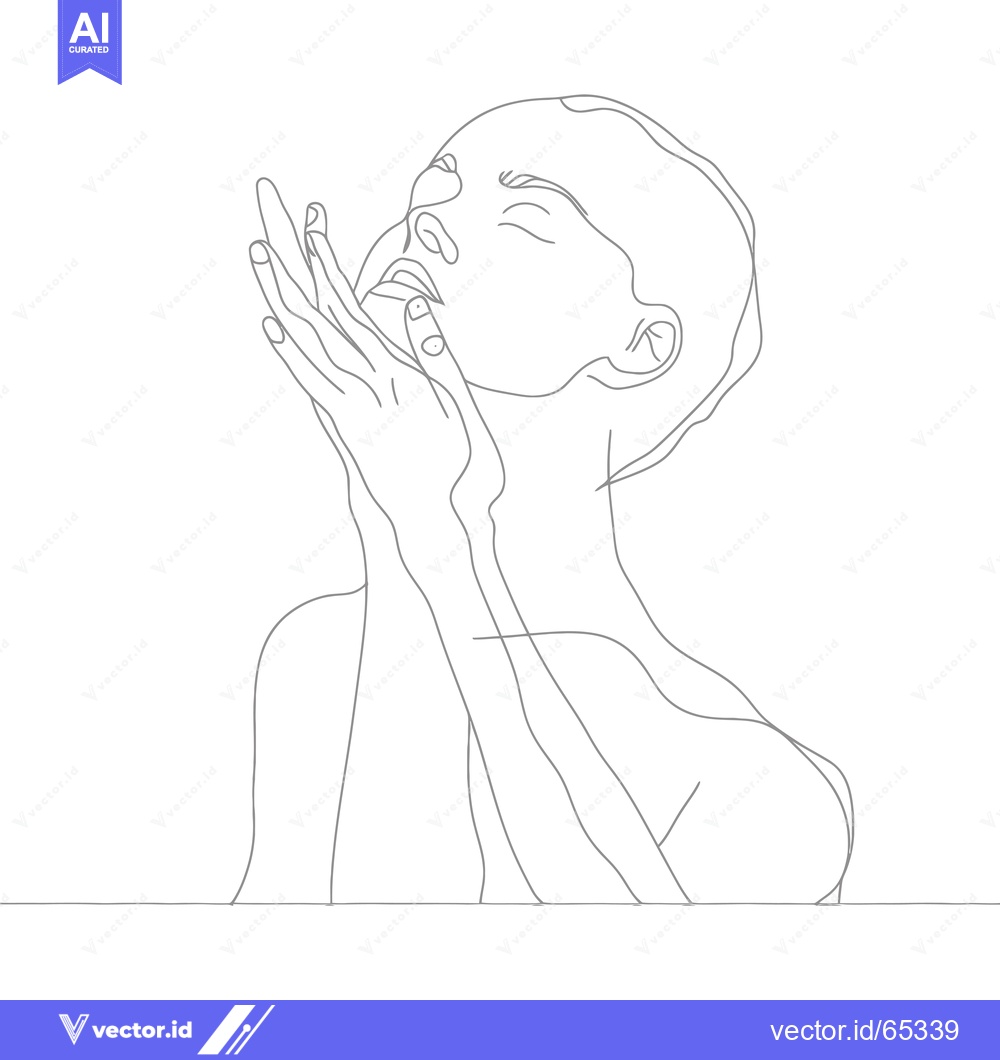 Premium Vector dari Single Line Drawing of a Woman with Eyes Closed, Hands Raised
