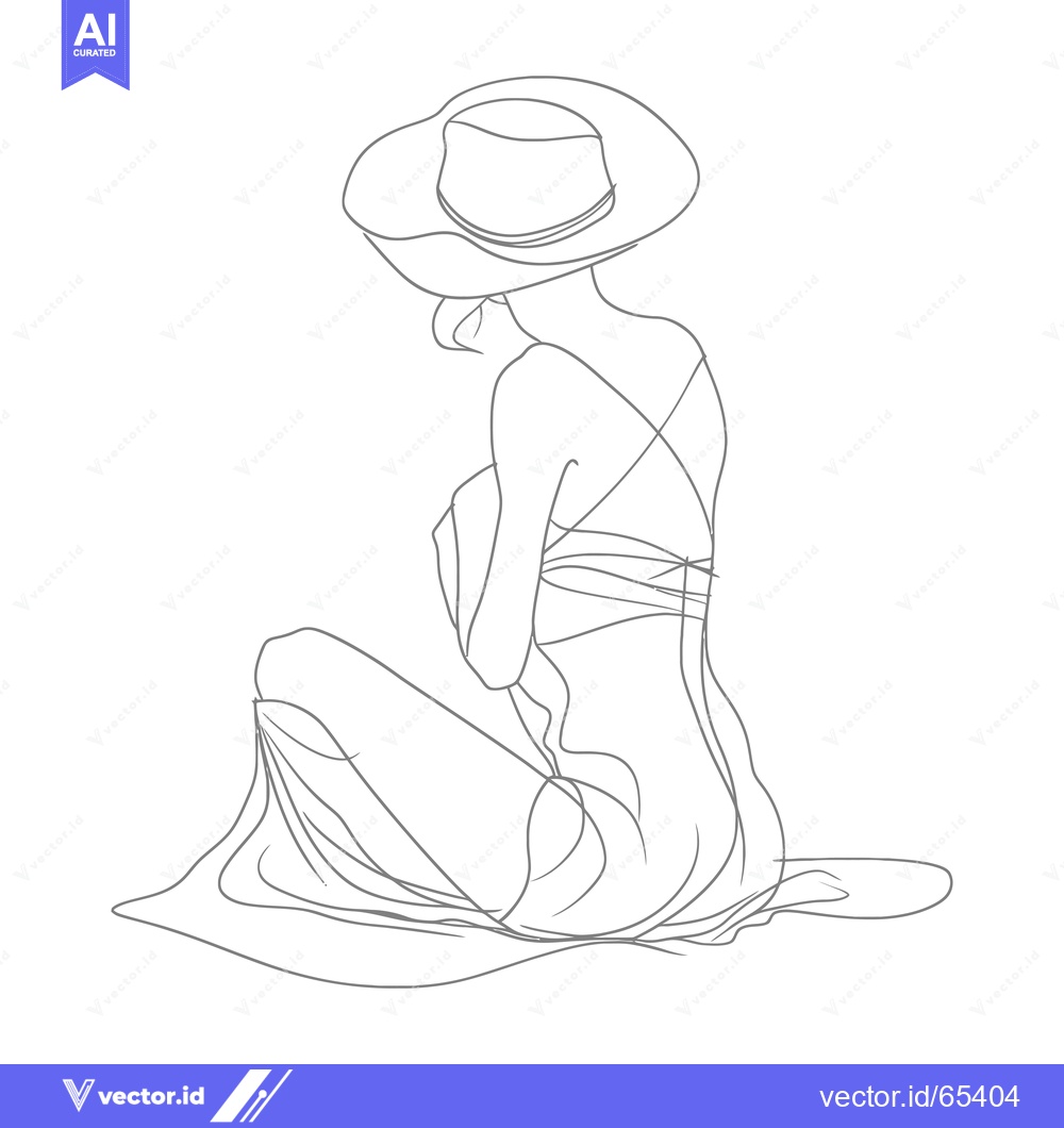 Premium Vector dari Line Art Illustration of a Woman in a Hat and Dress Sitting Down