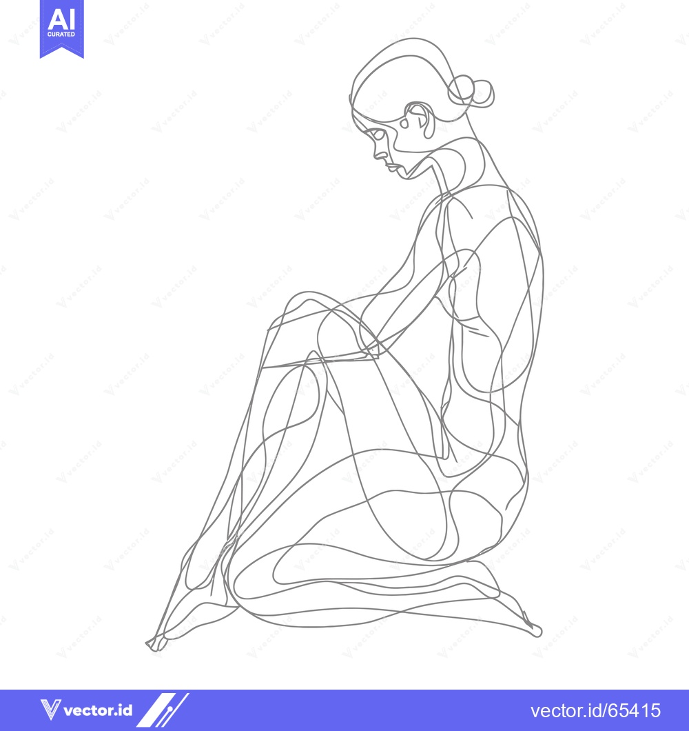 Premium Vector dari Line Art Drawing of a Woman Sitting Kneeling with a Bun