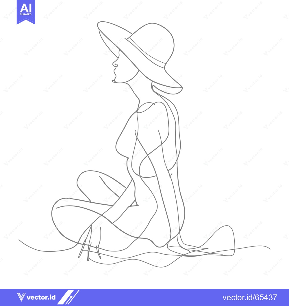 Premium Vector dari Line Art Illustration of a Woman in a Hat Sitting with Legs Crossed