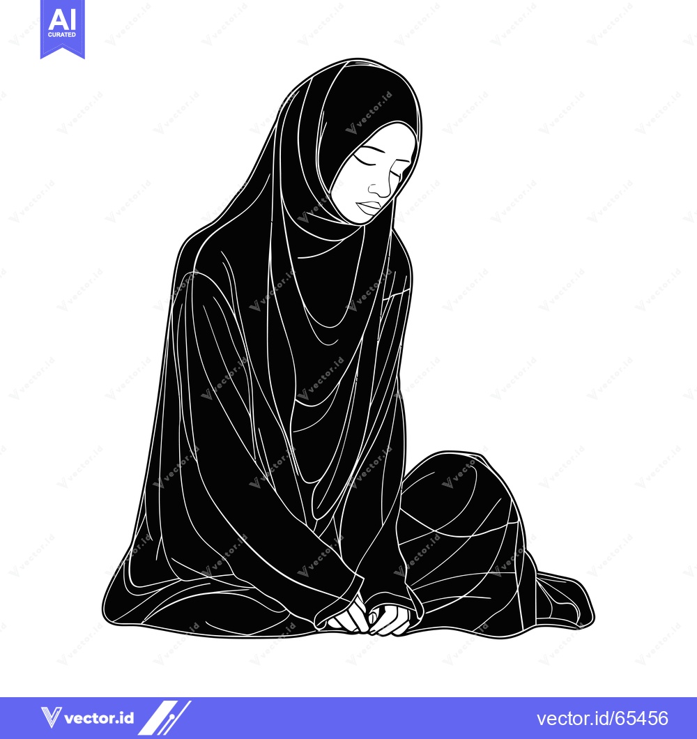 Premium Vector dari A Black and White Illustration of a Woman Wearing a Hijab Sitting on t