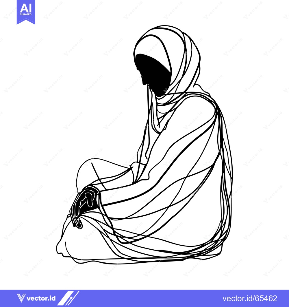 Premium Vector dari A line drawing of a woman in a hijab, sitting and looking down