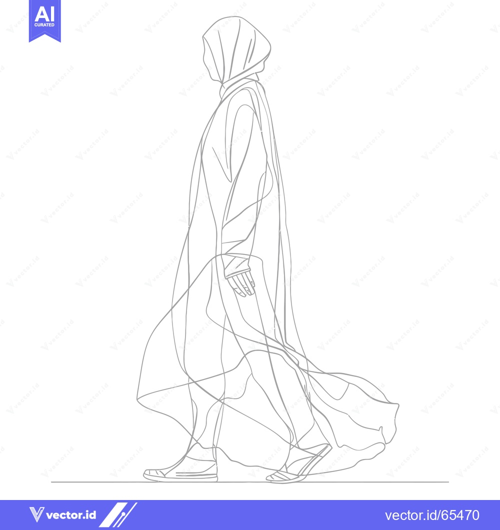 Premium Vector of Line Drawing of a Woman in a Long Dress and Headscarf Walking