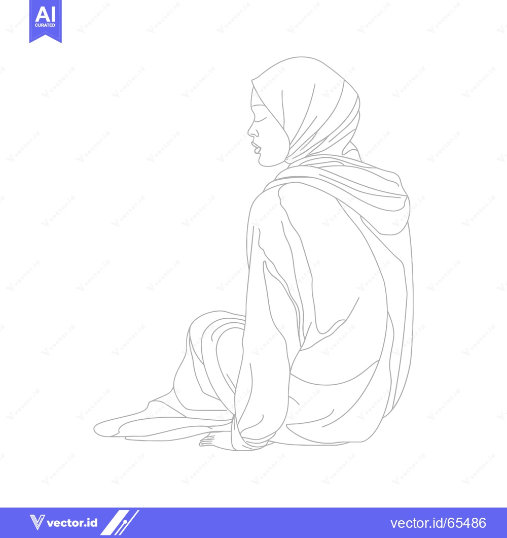 Premium Vector of Line Art Illustration of a Woman Wearing a Hijab Sitting with Her Legs