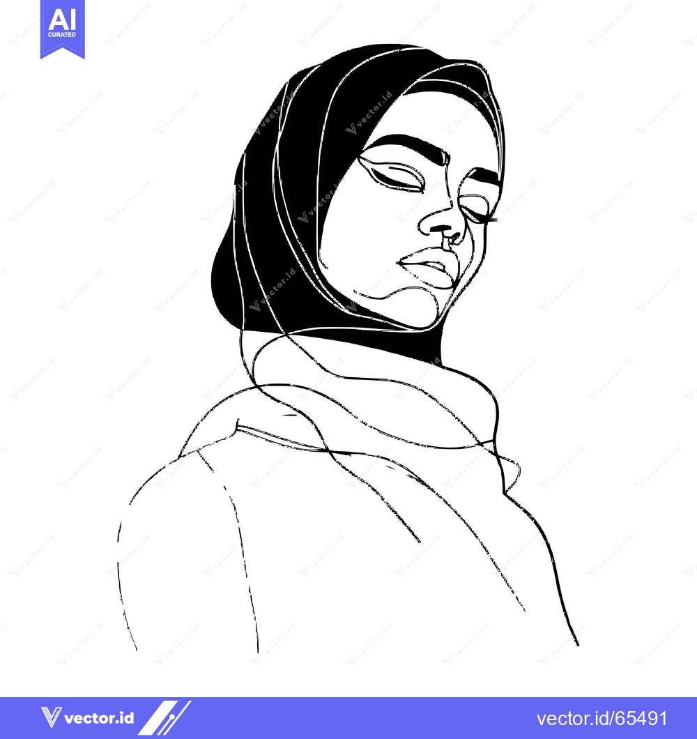 Premium Vector of Line Art Portrait of a Woman Wearing a Hijab