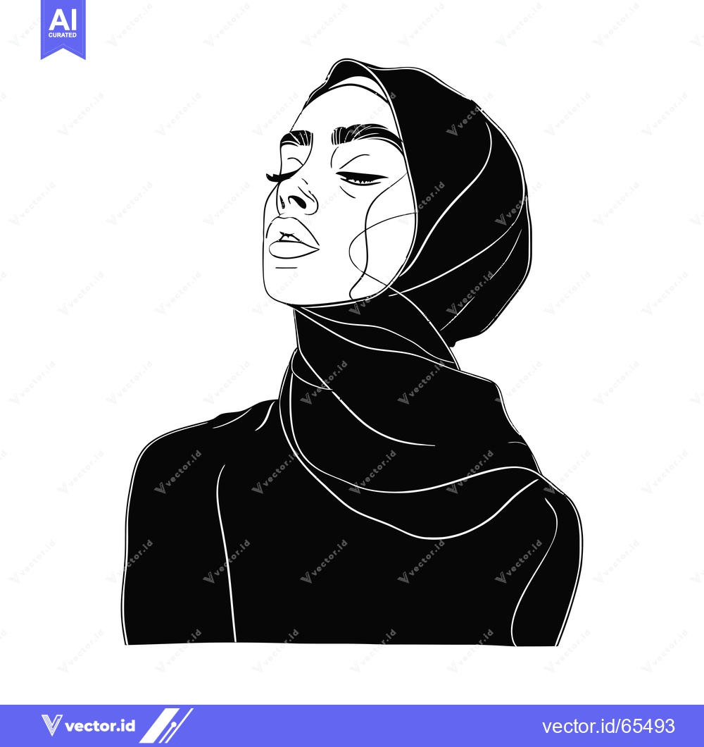 Premium Vector of Black and White Line Art Illustration of a Woman Wearing a Hijab