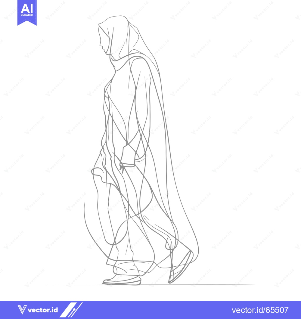 Premium Vector of Line Drawing of a Woman Wearing a Hijab and Abaya Walking