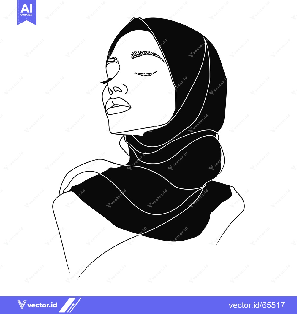Premium Vector of A Black and White Line Art Illustration of a Woman Wearing a Hijab