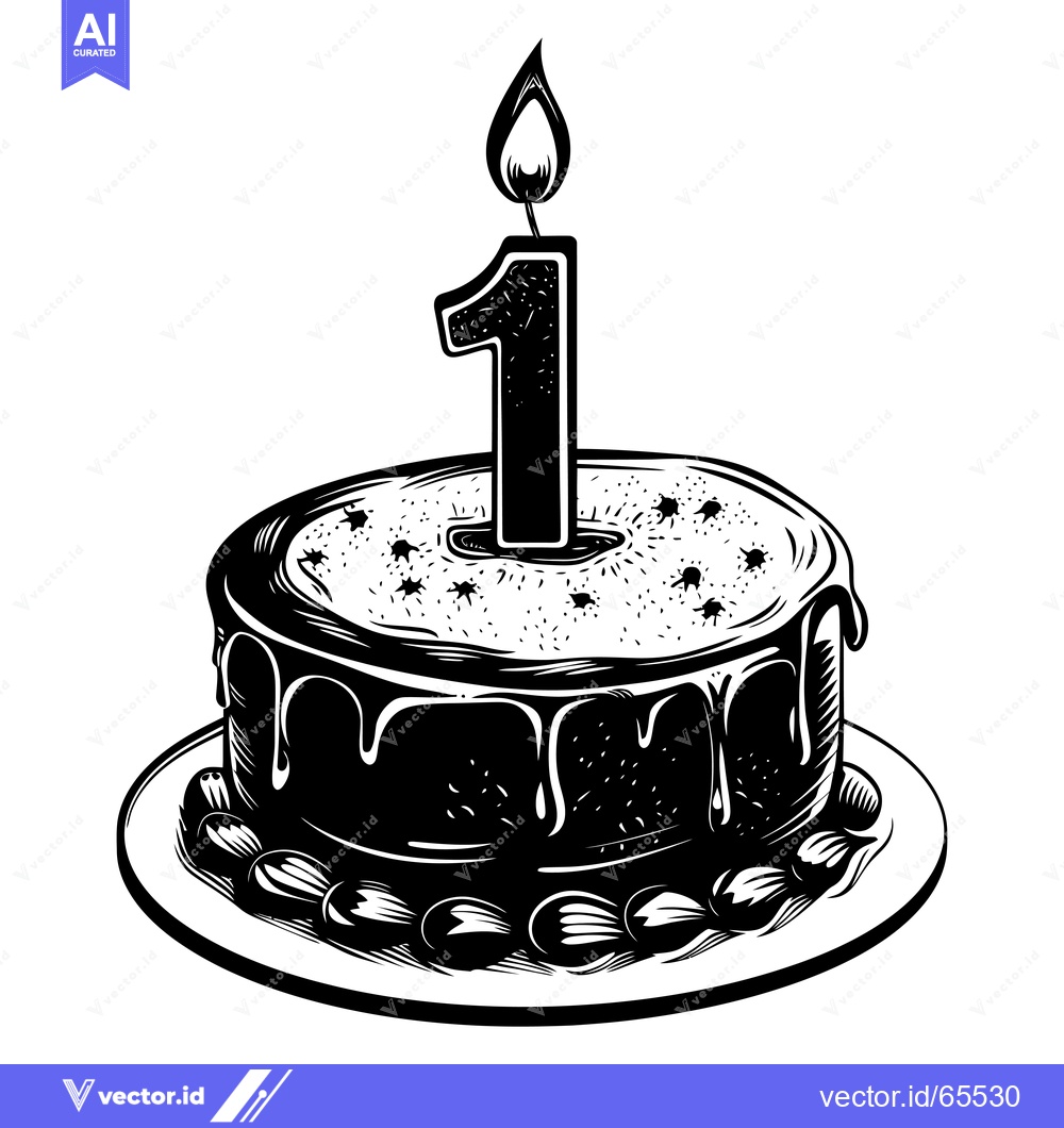 Premium Vector of A Black and White Illustration of a Birthday Cake with a Single Lit Ca
