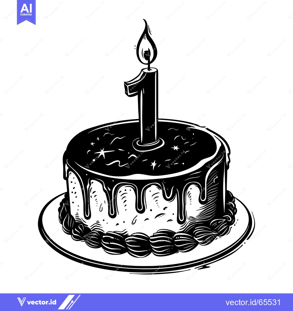 Premium Vector dari Black and White Illustration of a Birthday Cake with One Candle