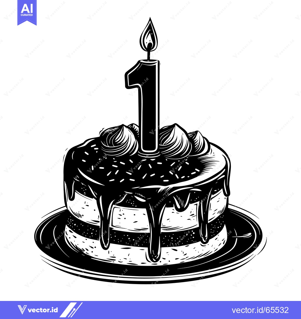 Premium Vector dari Black and White Illustration of a Birthday Cake with a Single Candle