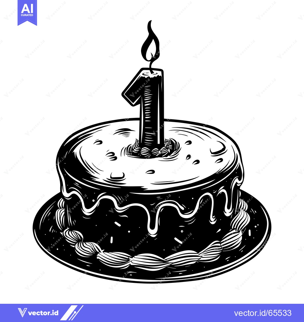 Premium Vector of Black and White Illustration of a Birthday Cake with One Candle