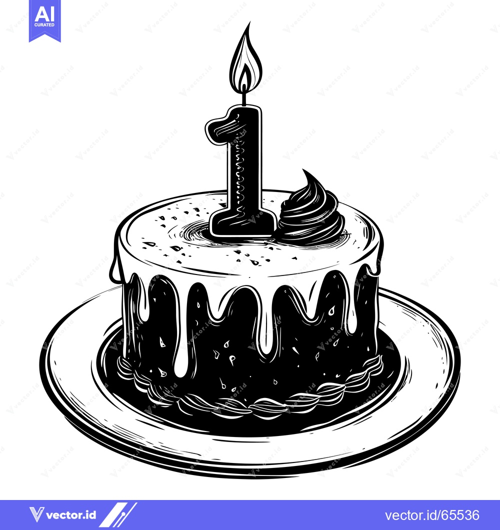 Premium Vector of Black and White Illustration of a Birthday Cake with a Single Lit Cand