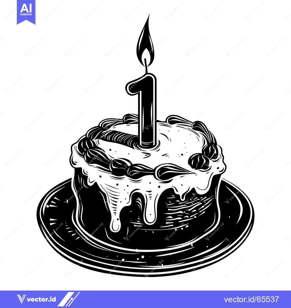 Premium Vector dari Black and White Illustration of a Birthday Cake with a Single Lit Cand