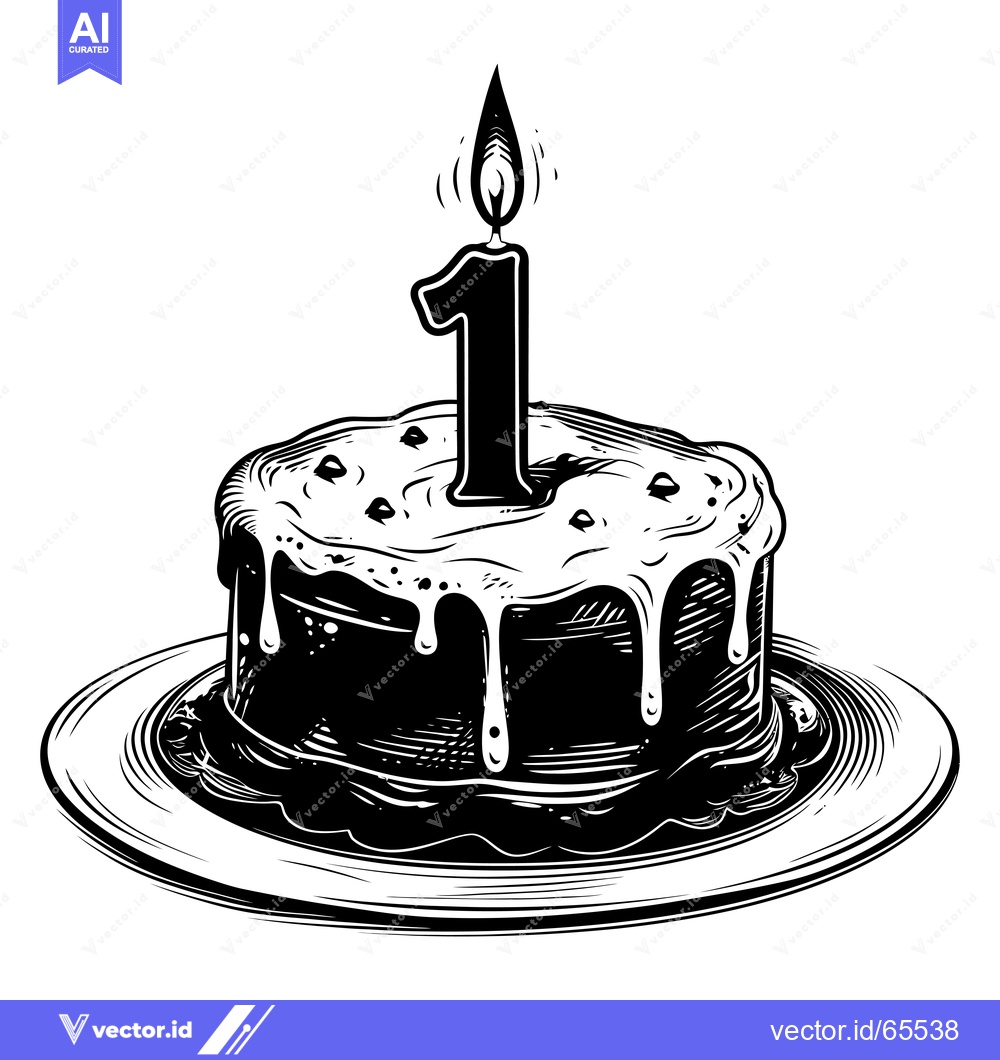 Premium Vector dari Black and white illustration of a birthday cake with a single lit cand