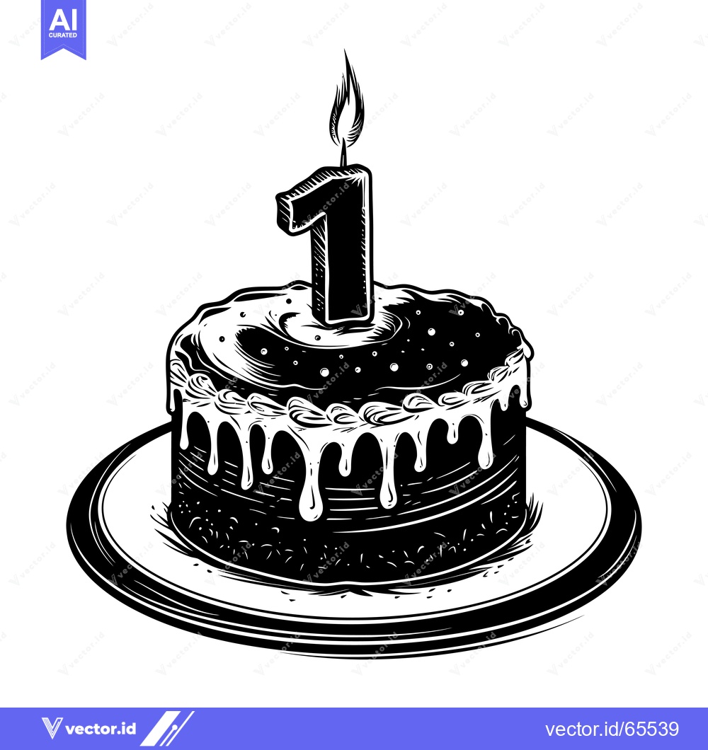 Premium Vector of A black and white illustration of a birthday cake with a lit candle