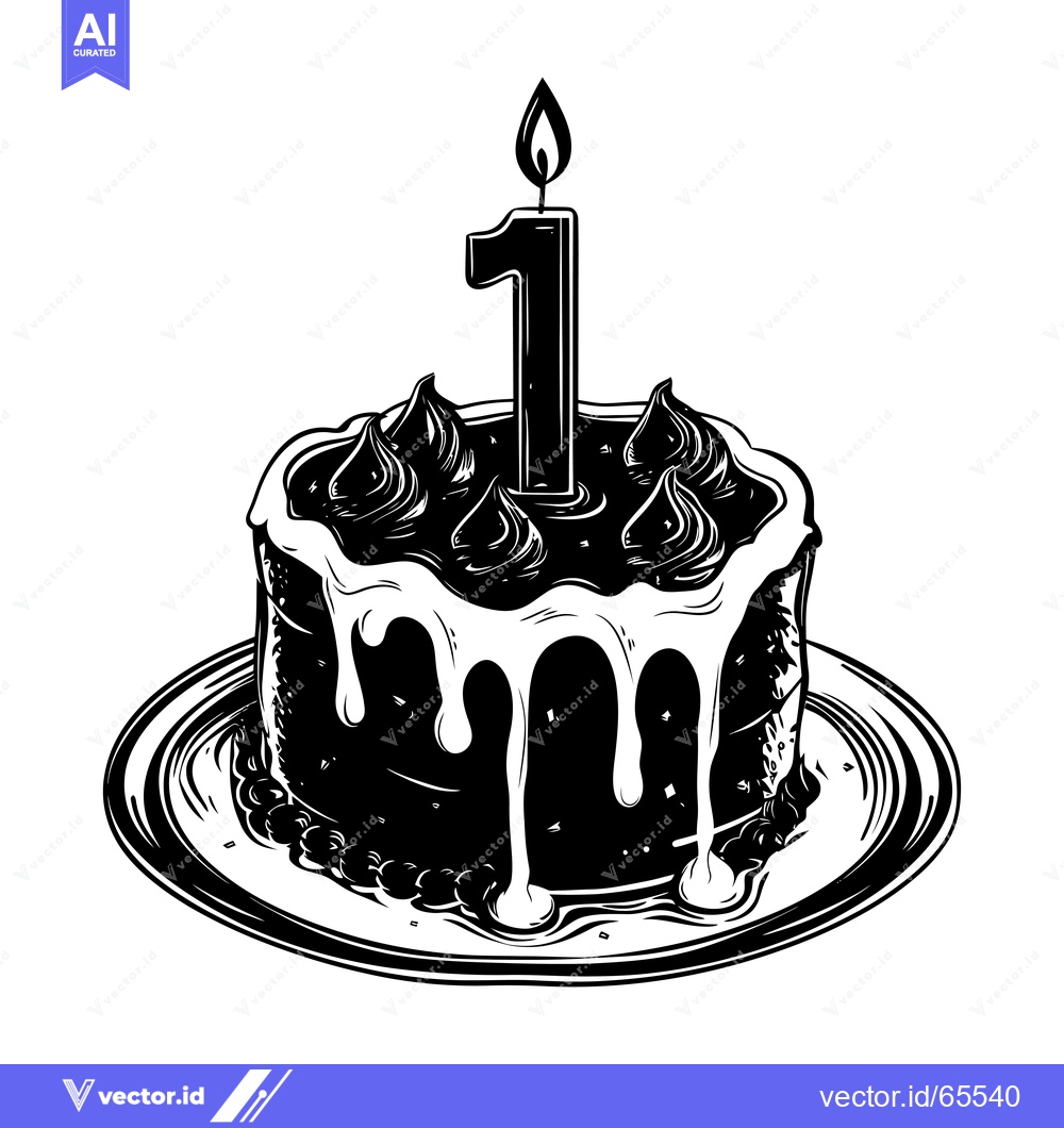Premium Vector of Black and White Illustration of a Birthday Cake with a Single Lit Cand