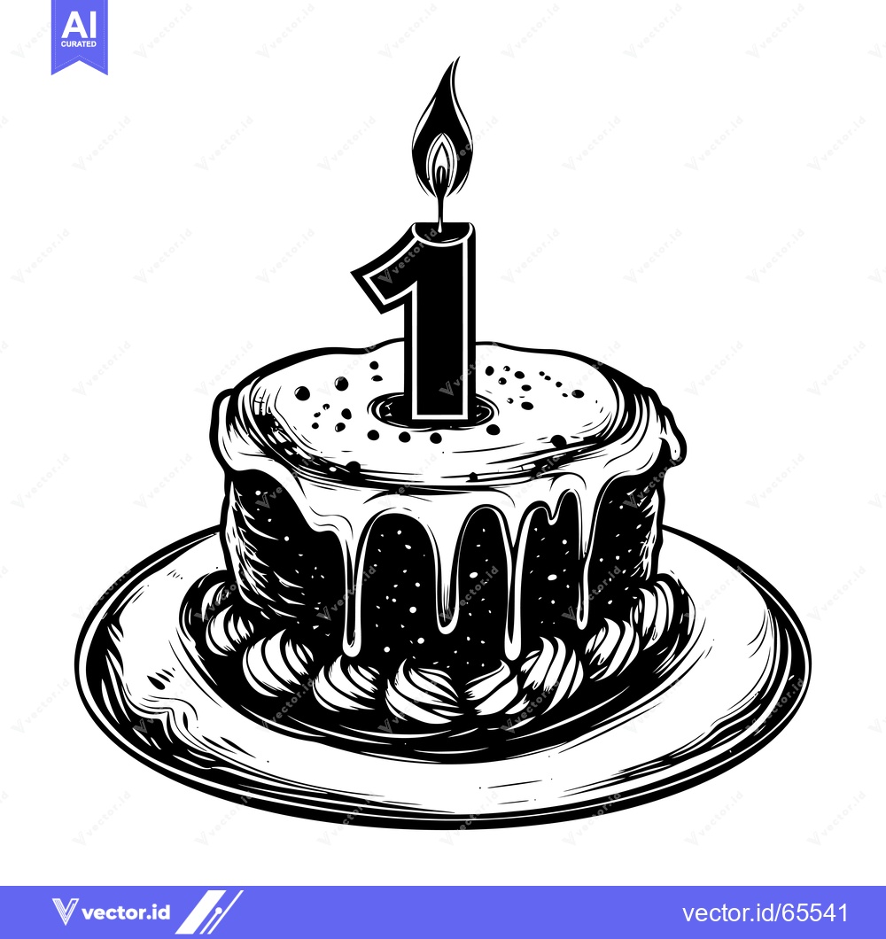 Premium Vector dari Black and White Illustration of a Birthday Cake with a Single Lit Cand