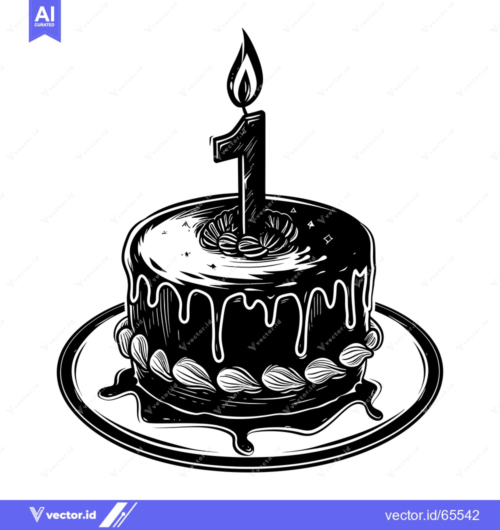 Premium Vector of Black and White Illustration of a Birthday Cake with a Single Lit Cand