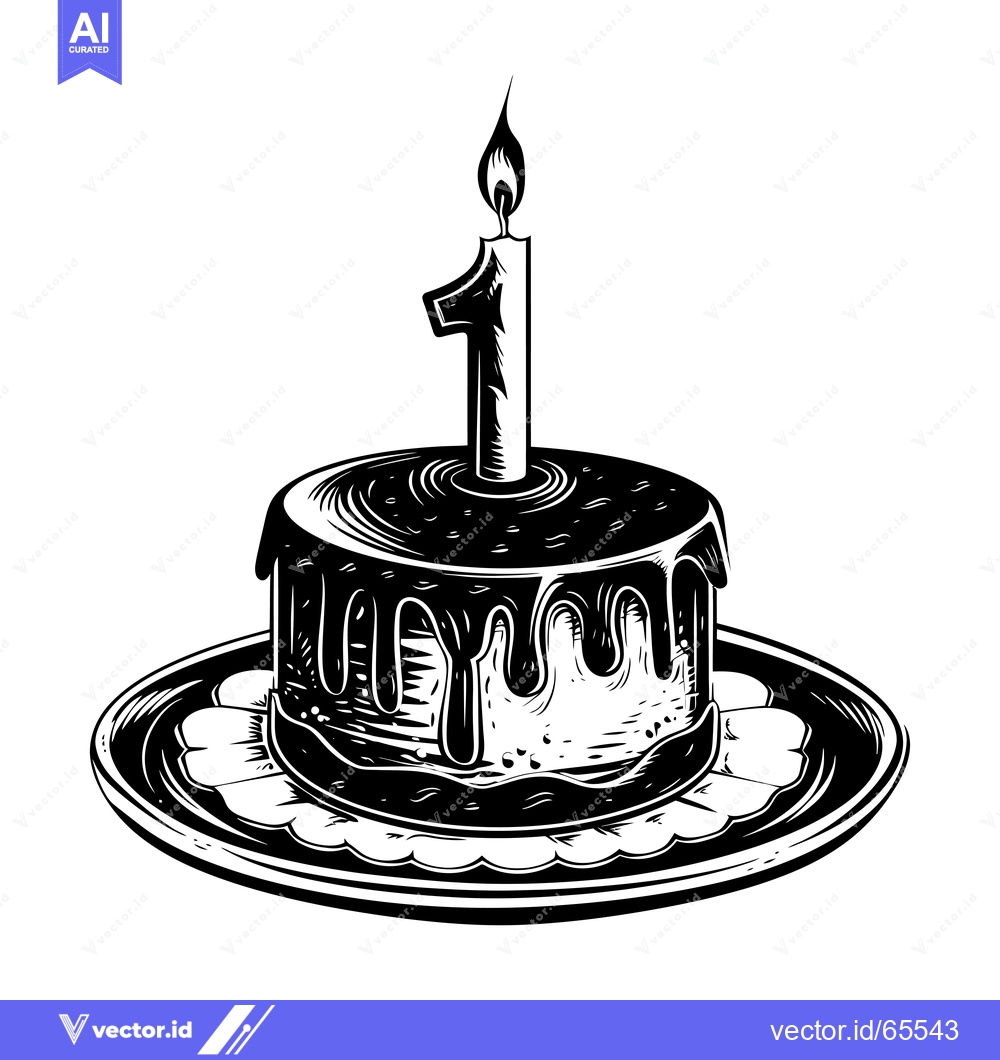 Premium Vector dari Black and White Illustration of a Birthday Cake with a Single Candle
