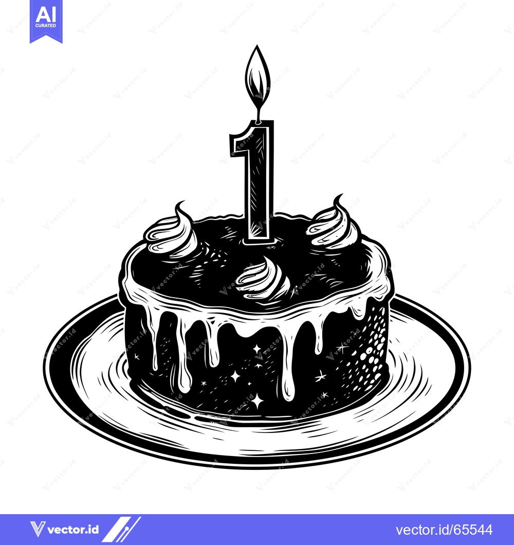 Premium Vector dari Black and White Illustration of a Birthday Cake with a Single Lit Cand