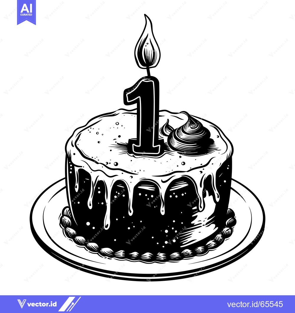 Premium Vector dari A single candle cake with a lit number one candle,  on a plate