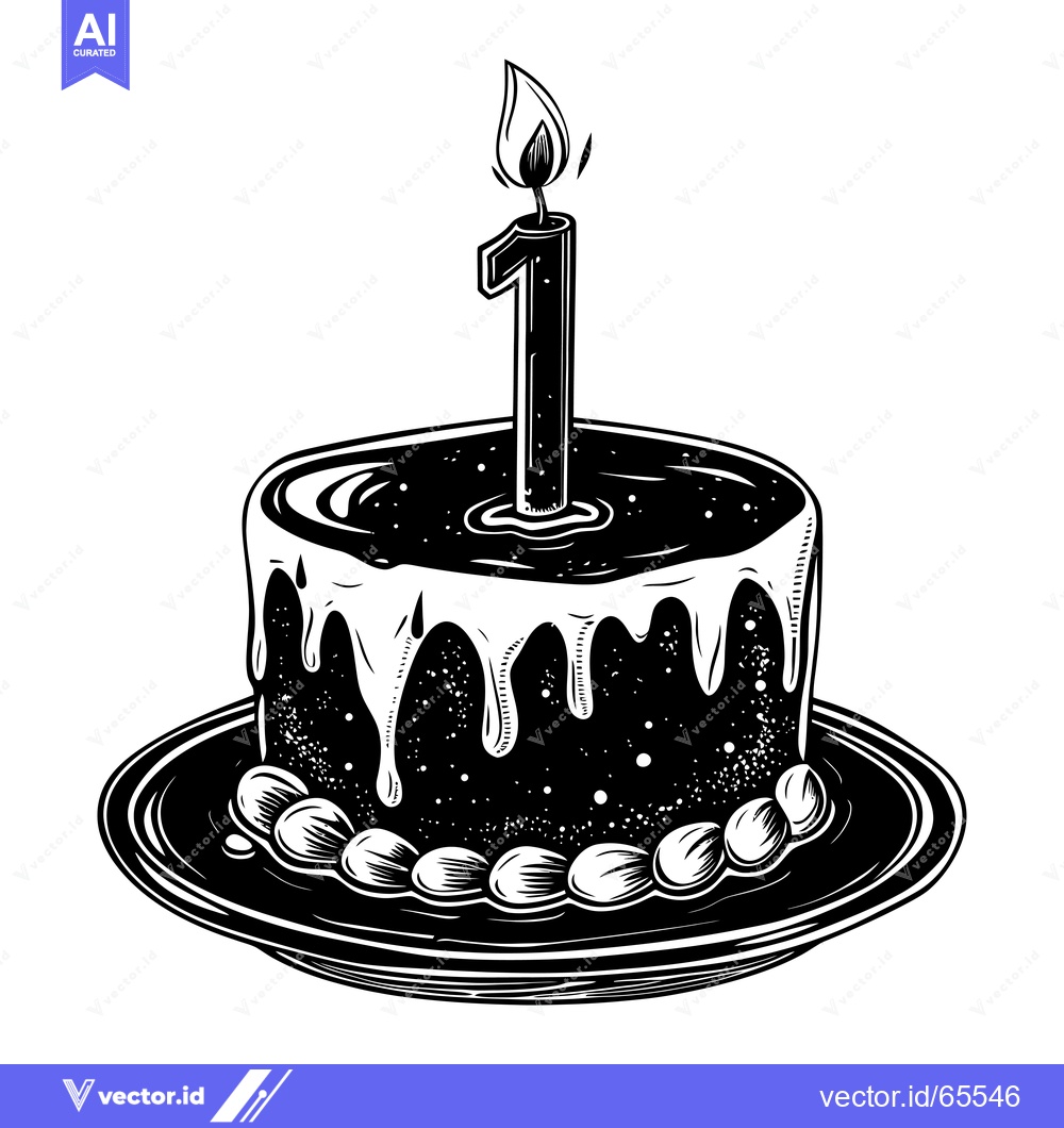 Premium Vector dari A Black and White Illustration of a Birthday Cake with a Single Lit Ca