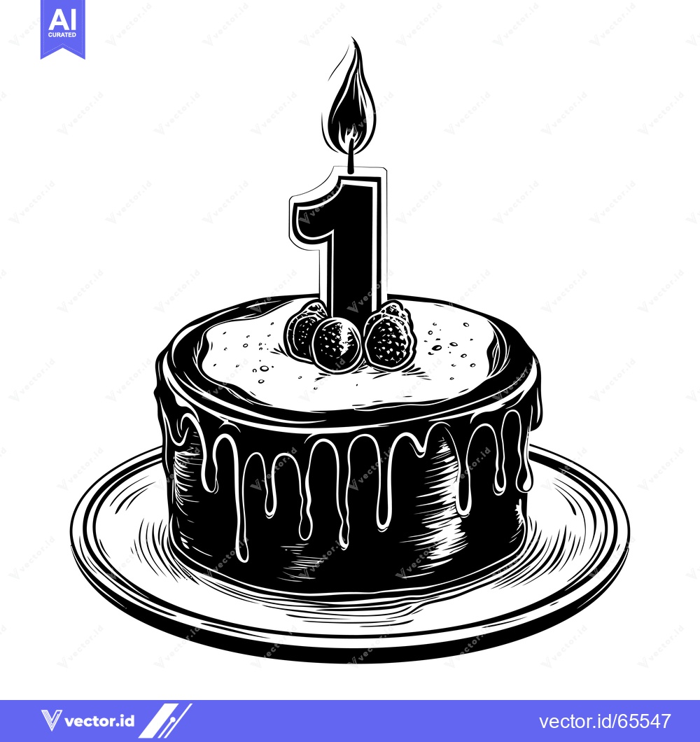 Premium Vector of Black and white illustration of a birthday cake with a single lit cand