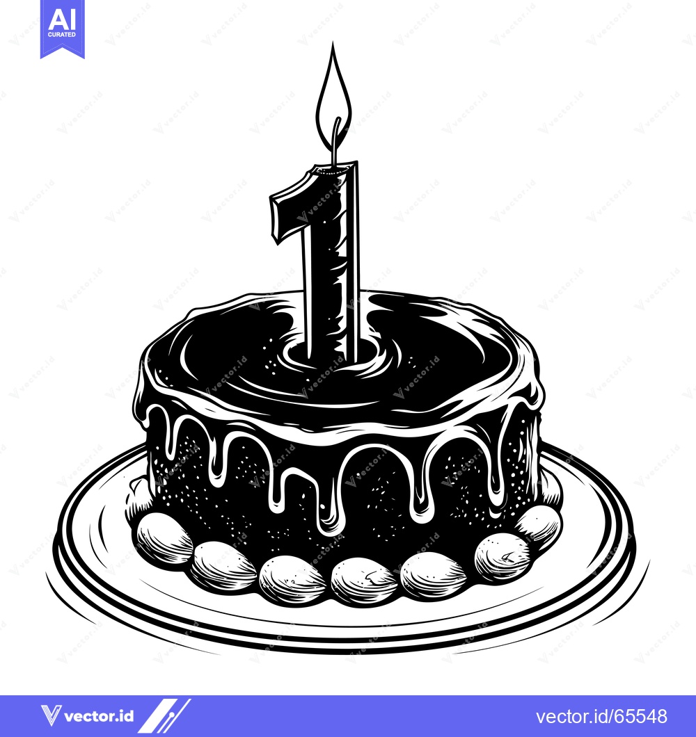 Premium Vector of A Birthday Cake with a Single Lit Candle Number One