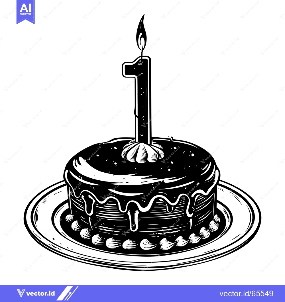 Premium Vector of Black and White Illustration of a Birthday Cake with One Candle