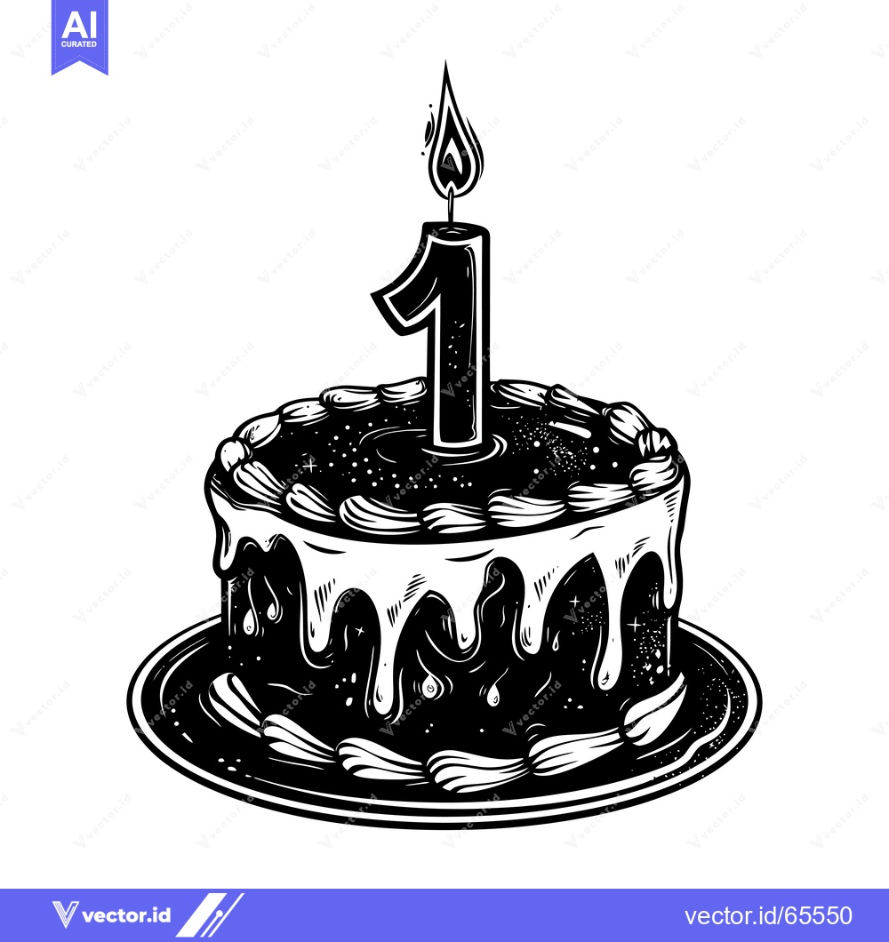 Premium Vector dari Black and White Illustration of a Birthday Cake with a Single Candle a