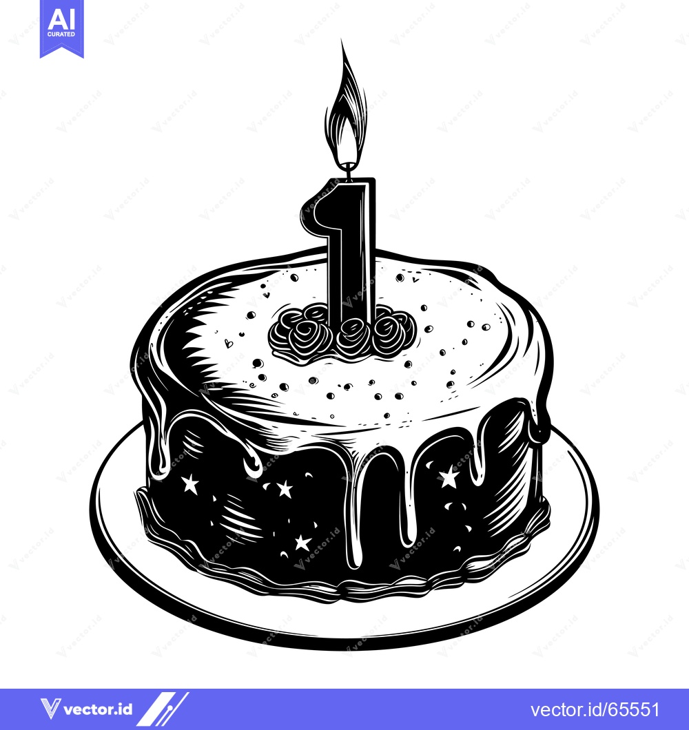 Premium Vector dari Black and White Illustration of a Birthday Cake with One Candle