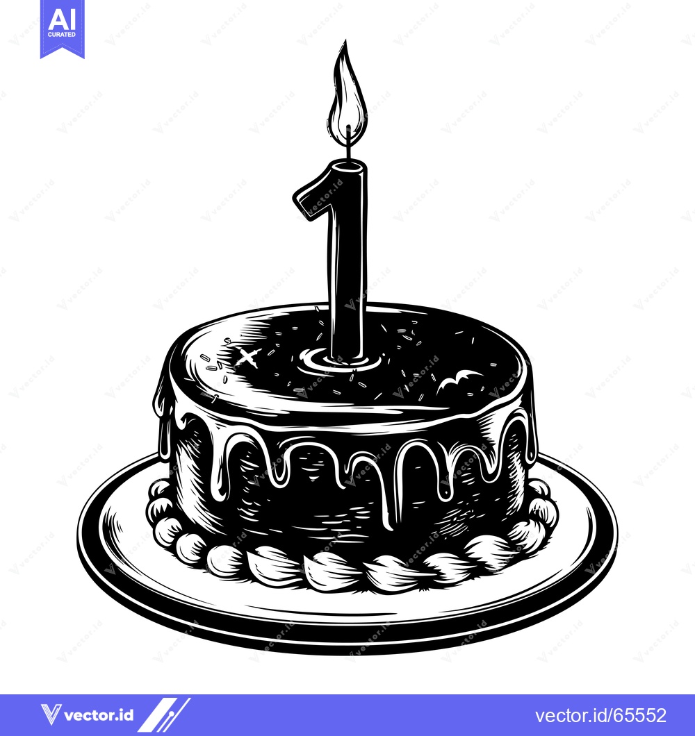 Premium Vector dari Black and White Illustration of a Birthday Cake with a Single Lit Cand