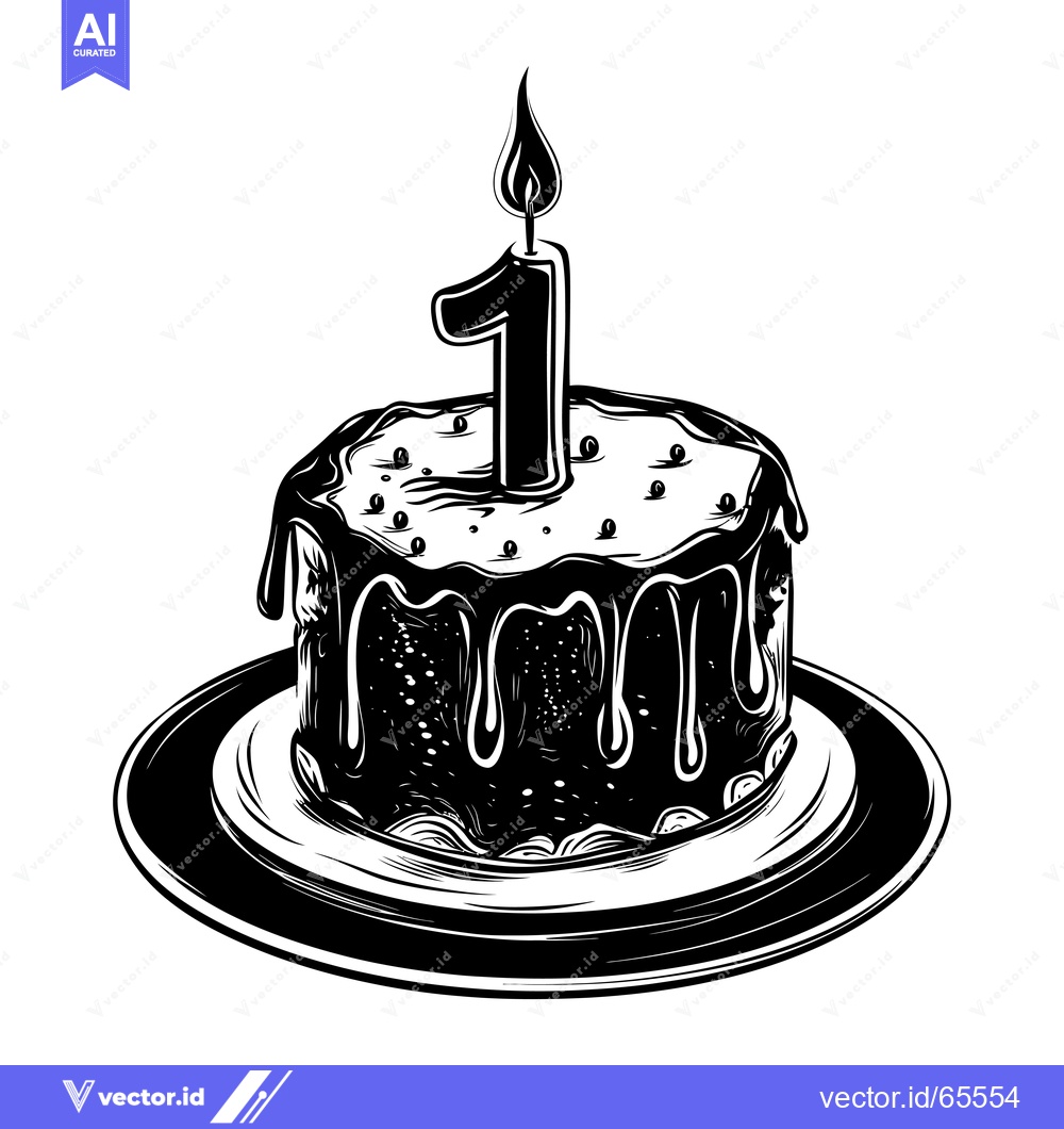 Premium Vector of Black and White Illustration of a Birthday Cake with a Single Candle