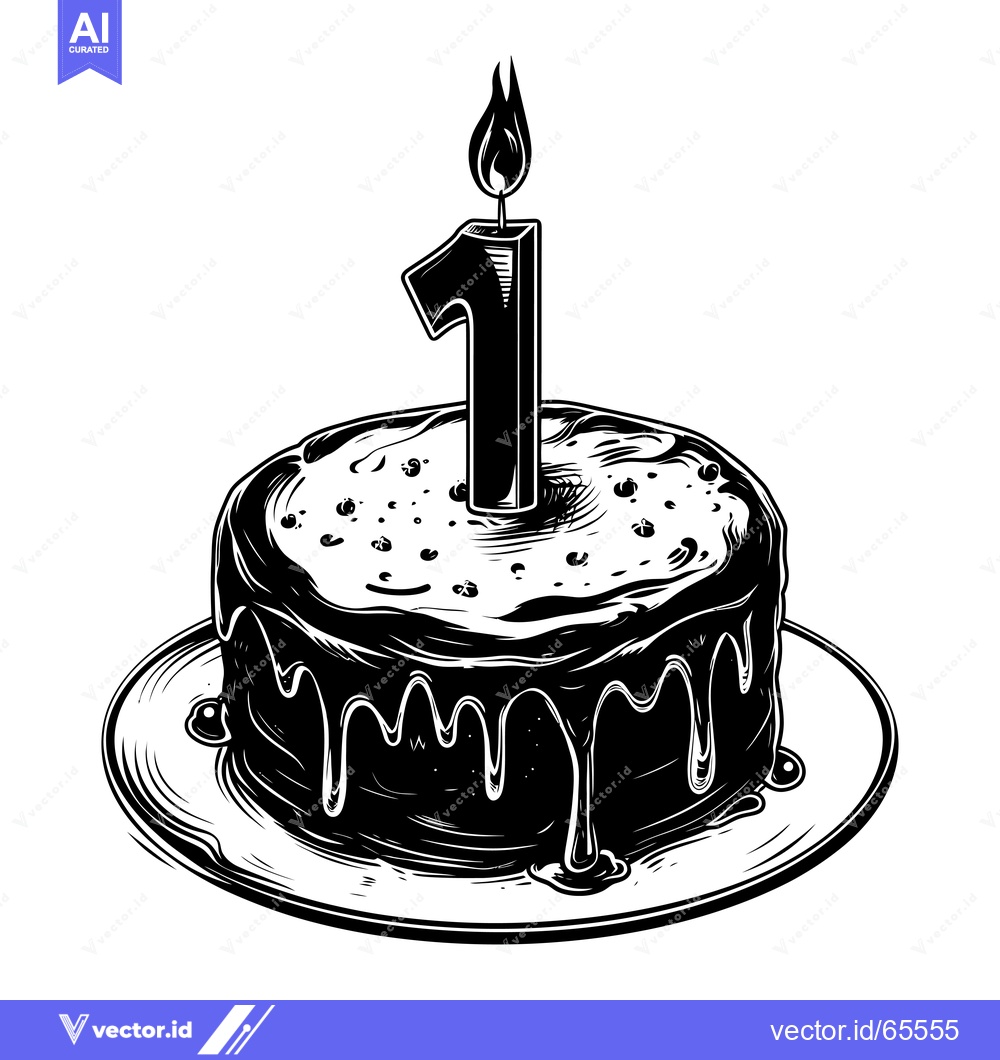 Premium Vector dari Black and White Illustration of a Birthday Cake with One Candle