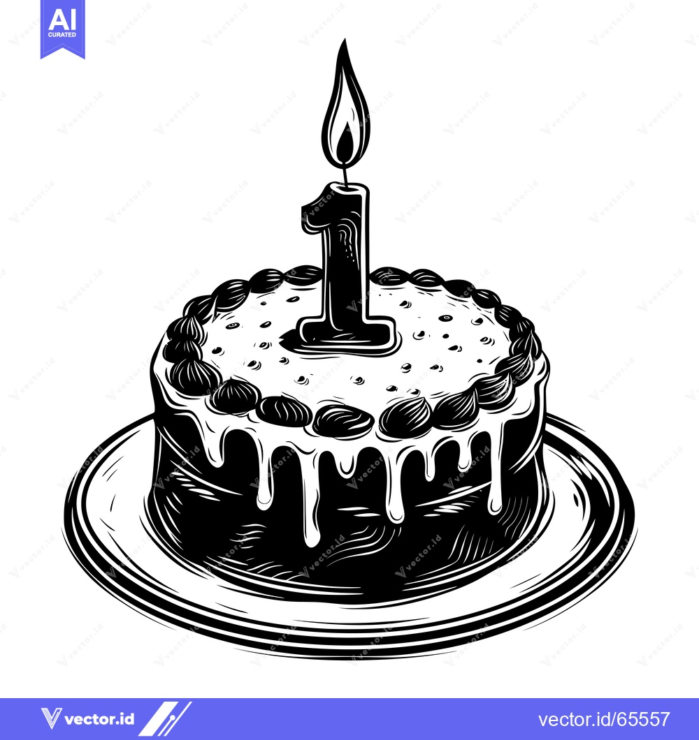 Premium Vector dari Black and White Illustration of a Birthday Cake with One Candle