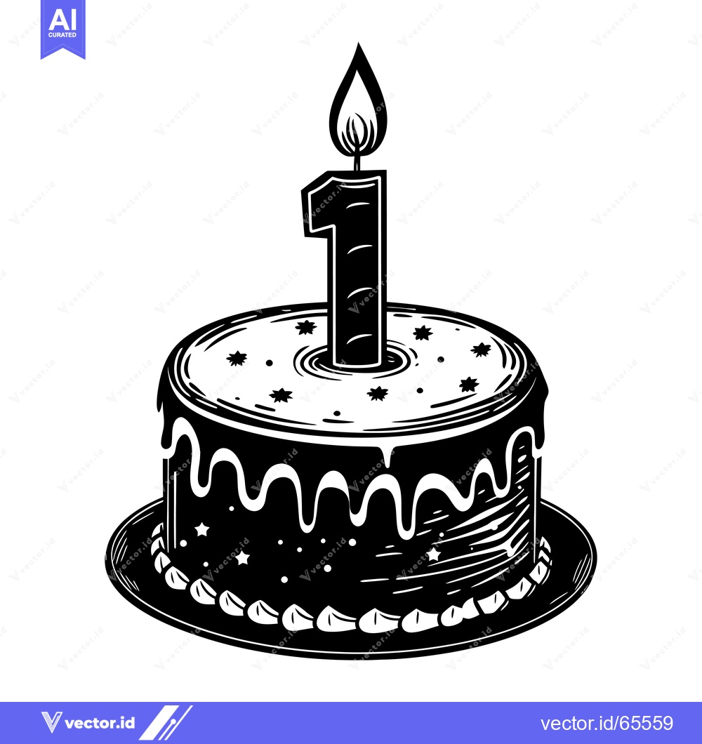 Premium Vector dari Black and White Illustration of a Birthday Cake with One Candle