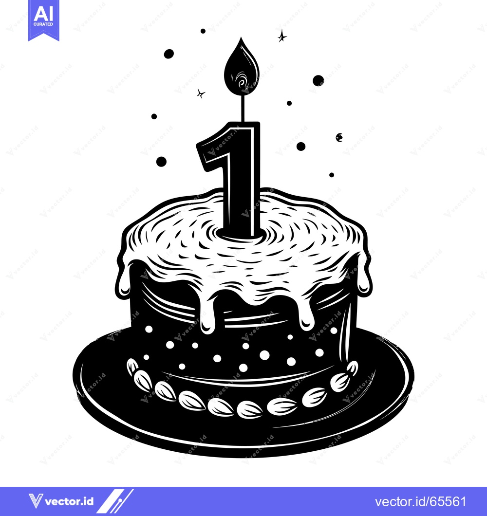 Premium Vector of Black and White Illustration of a Birthday Cake with One Candle