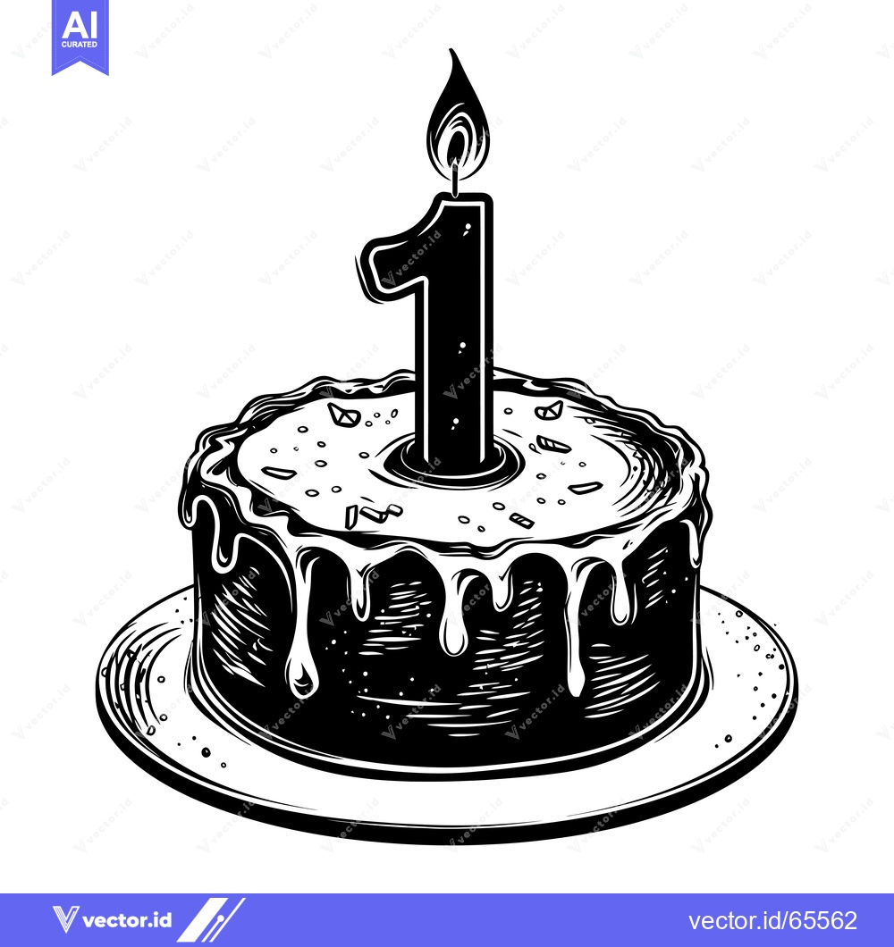 Premium Vector of Black and White Illustration of a Birthday Cake with a Single Lit Cand