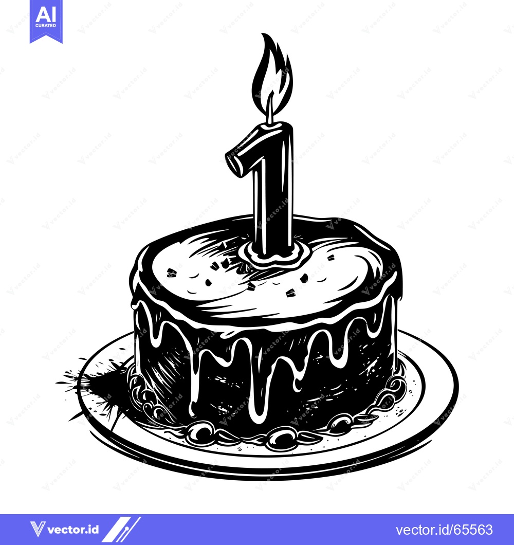Premium Vector dari Black and White Illustration of a Birthday Cake with a Candle Number O