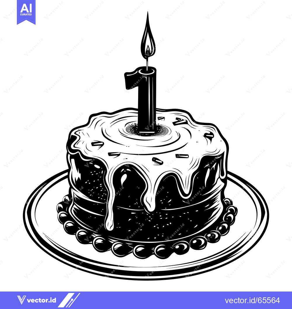 Premium Vector of Black and White Illustration of a Birthday Cake with a Single Candle