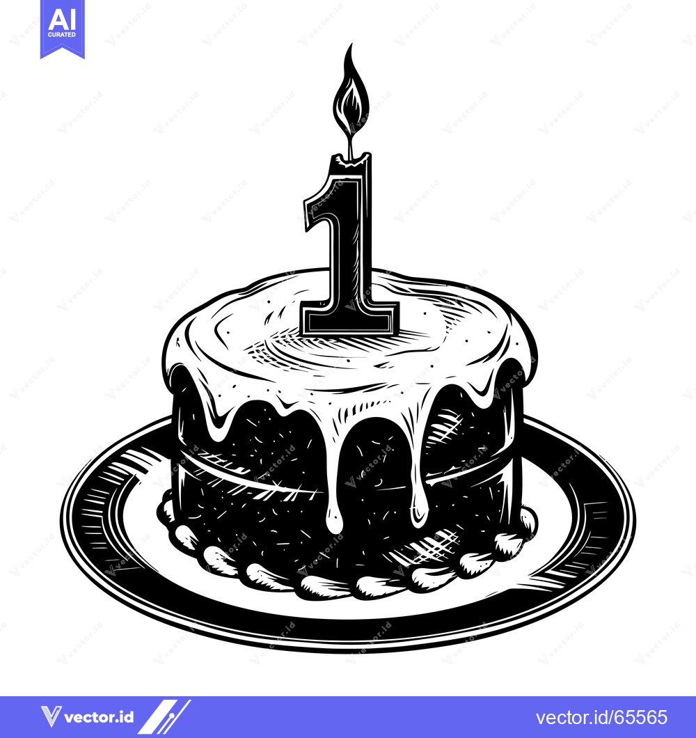 Premium Vector dari Black and White Illustration of a Birthday Cake with a Single Lit Cand
