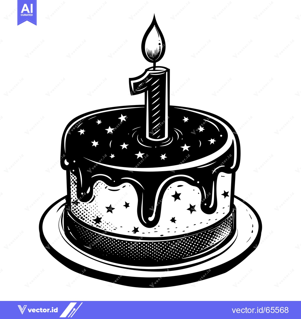 Premium Vector of Black and White Illustration of a Birthday Cake with One Candle
