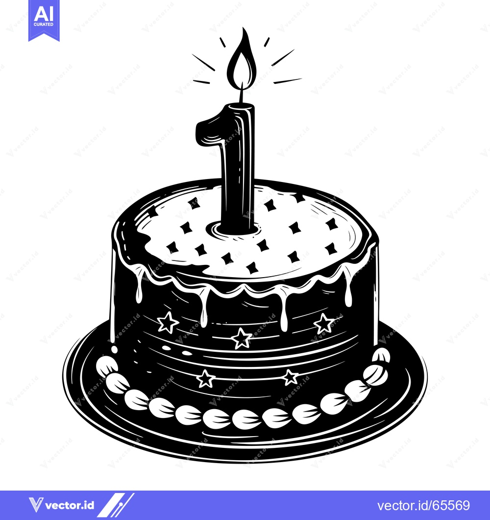 Premium Vector dari Black and White Illustration of a Birthday Cake with a Single Candle