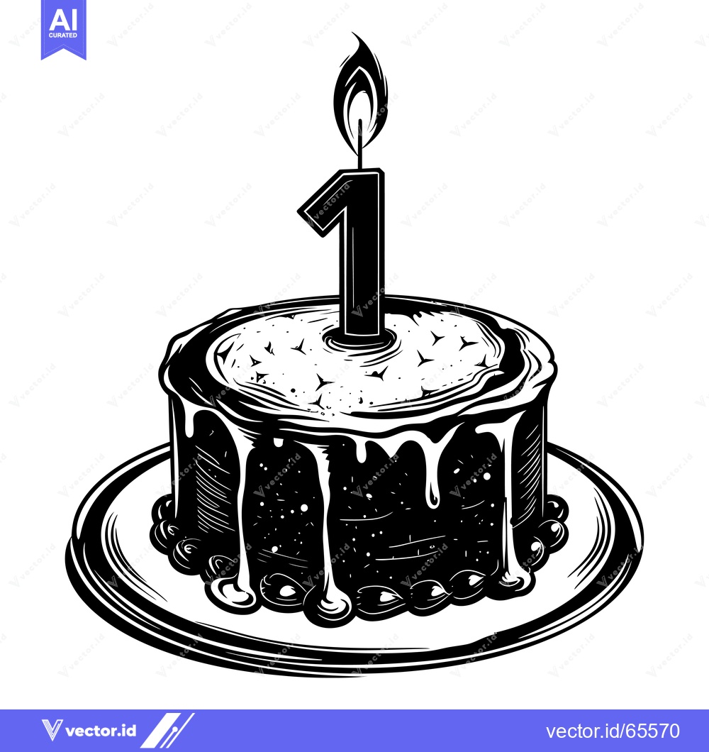 Premium Vector of Black and White Illustration of a Birthday Cake with One Candle
