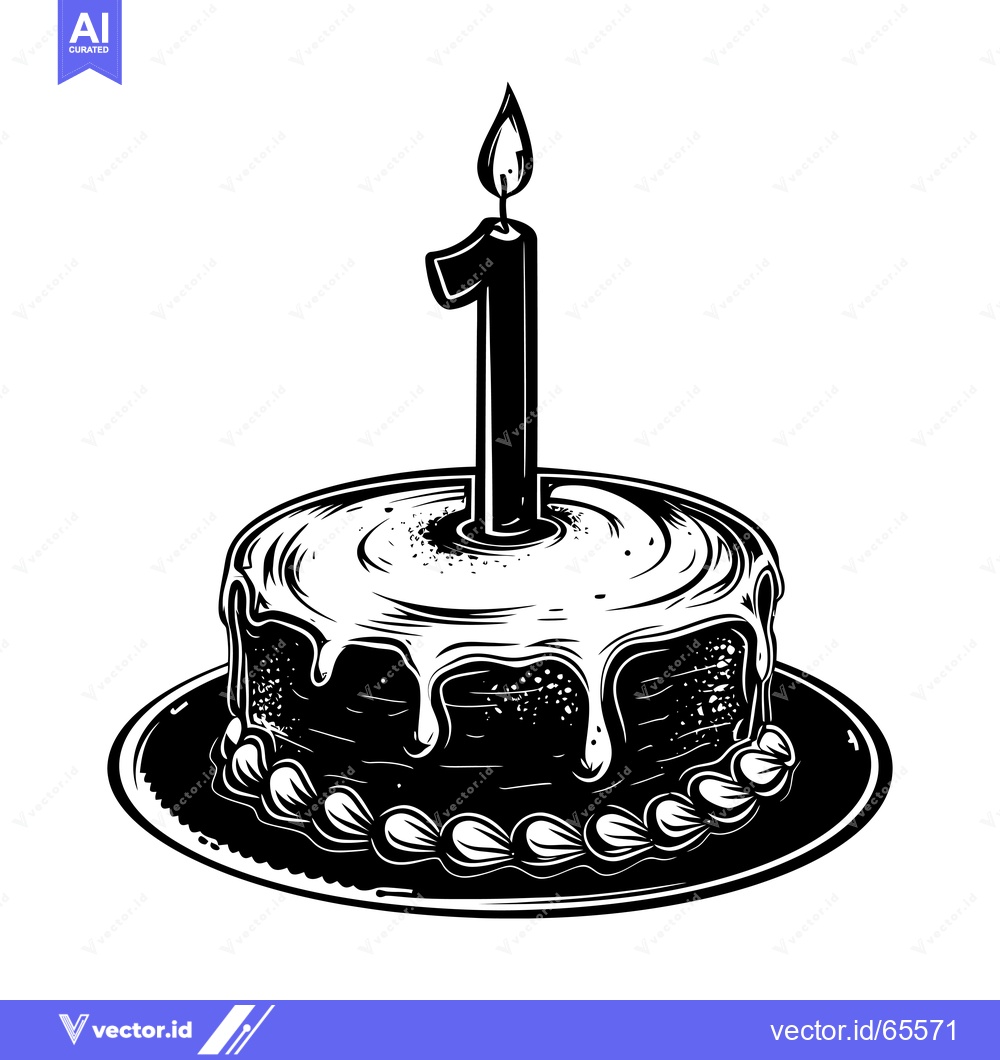 Premium Vector of Black and White Illustration of a Birthday Cake with a Single Lit Cand