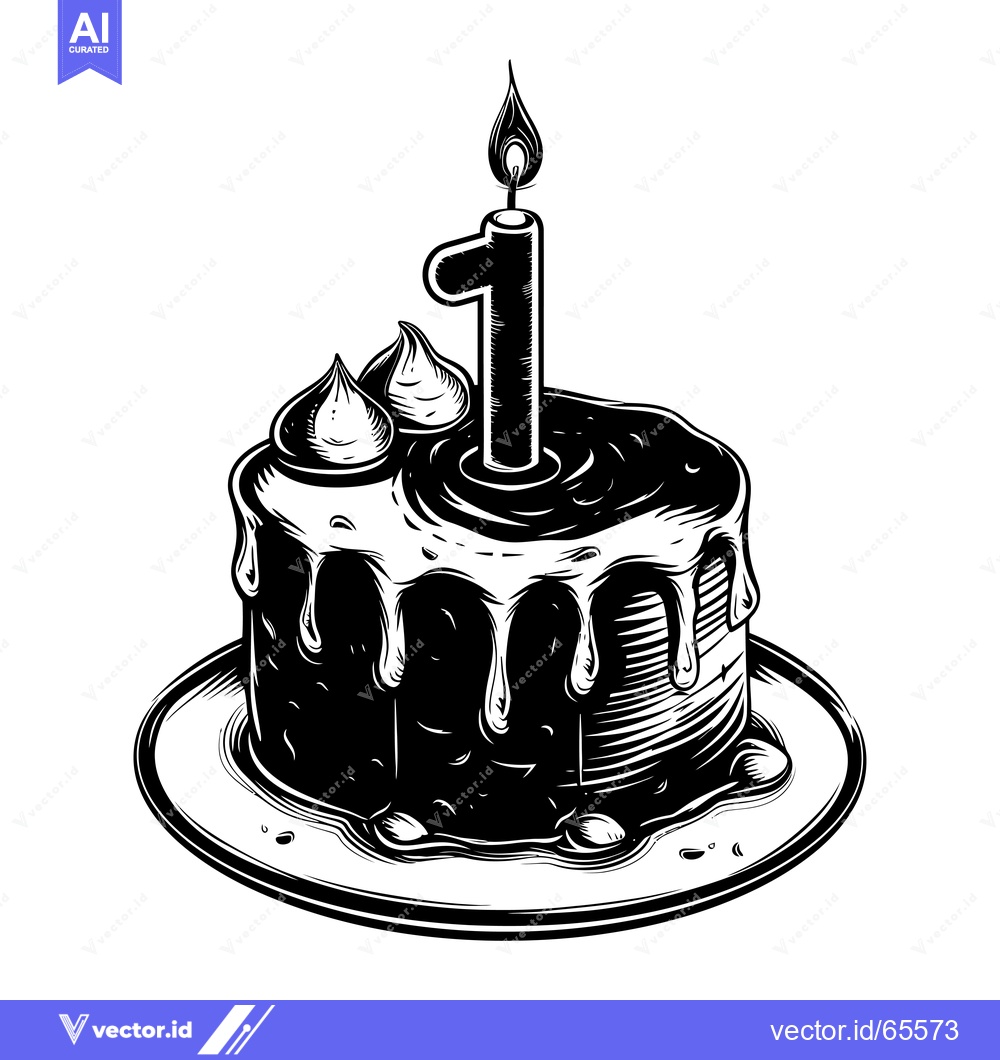 Premium Vector dari A Black and White Illustration of a Birthday Cake with a Single Lit Ca