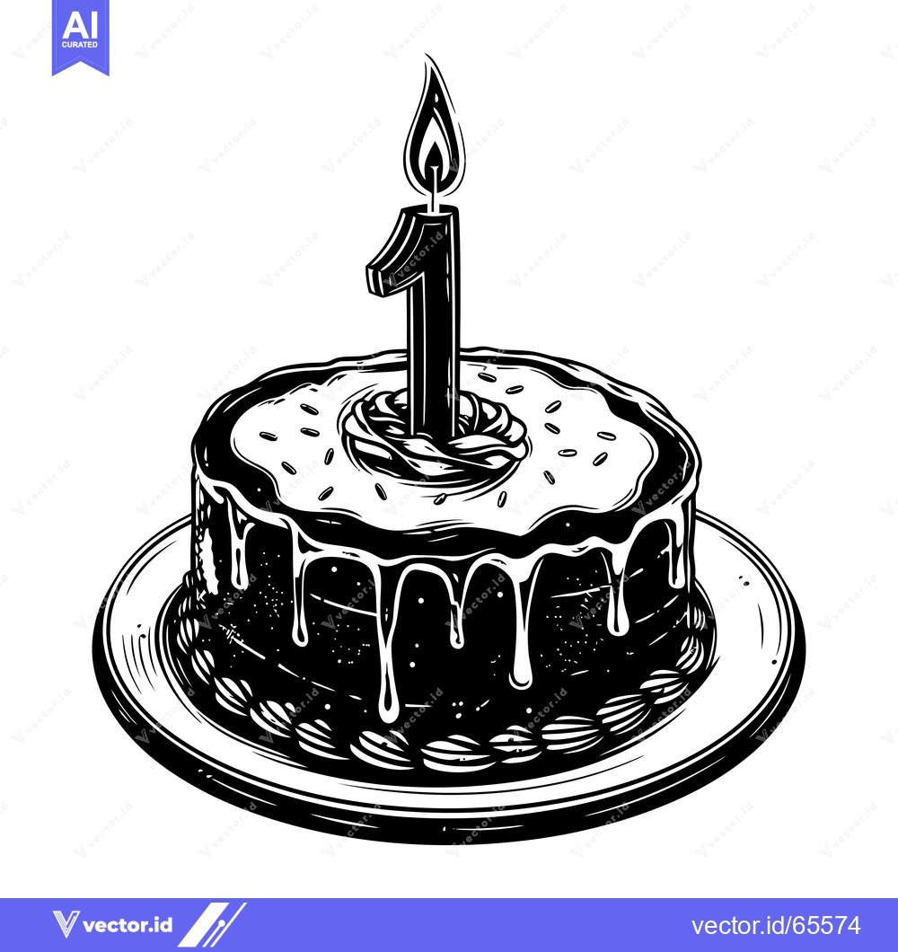 Premium Vector of Black and white illustration of a birthday cake with a single lit cand