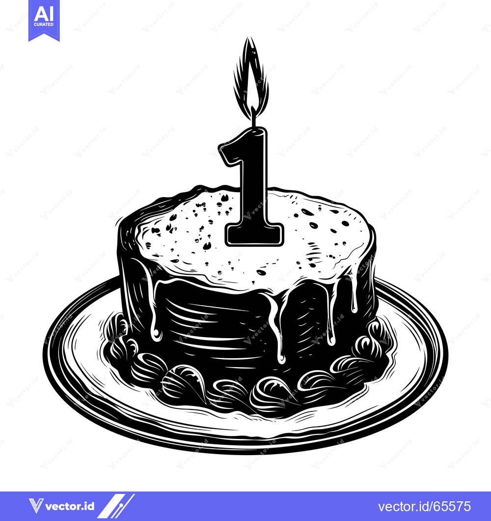 Premium Vector dari Black and White Illustration of a Birthday Cake with a Single Candle N