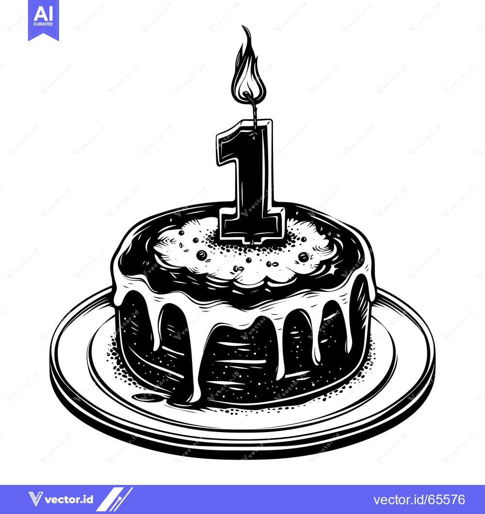 Premium Vector dari Black and white illustration of a birthday cake with a single candle